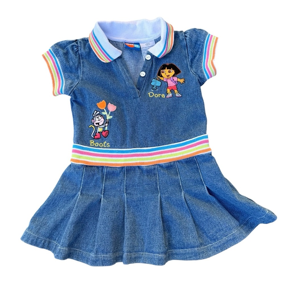 VTG 2005 Nick Jr Dora The Explorer Denim Dress Size 3T Embroidered Collared Y2K